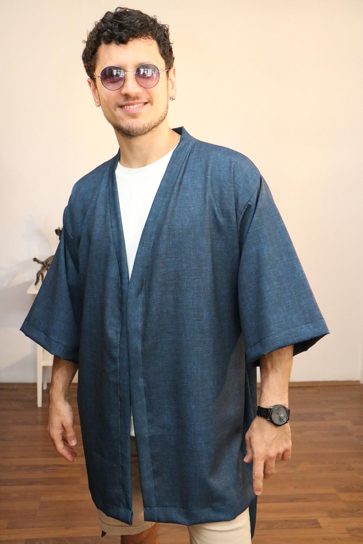 Lapiz%20Unisex%20Kısa%20Kimono,%20Keten-Kot%20Karışımı%20Kumaş,%20Lacivert%20Renk