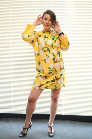 Lapiz Sarı Renk, Çiçek Desenli, Mini Elbise