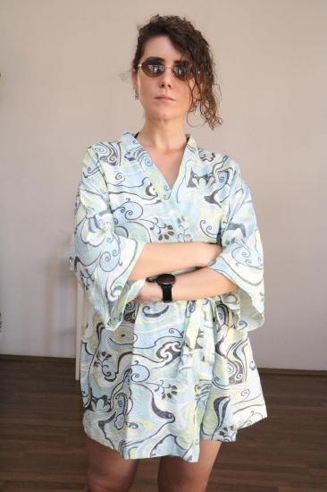 Lapiz Unisex Turkuaz-Beyaz Desenli, Kısa Kimono Ceket