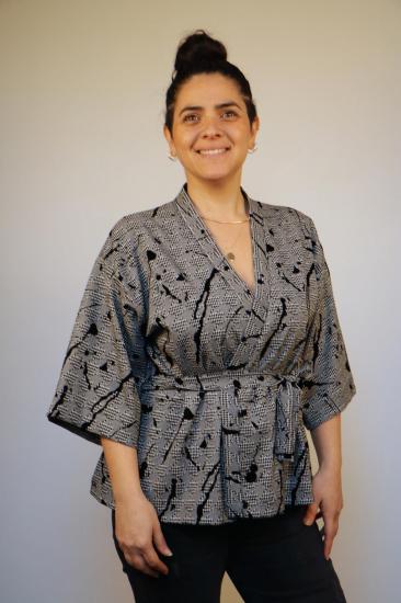 Lapiz Unisex Kısa Kimono, Yakma Kadife Kumaş, Gri-Siyah Desenli