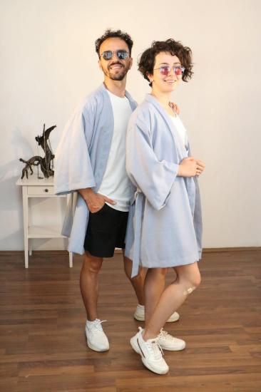 Lapiz Unisex Kısa Kimono, Keten-Kot Karışımı Kumaş, Mavi Renk