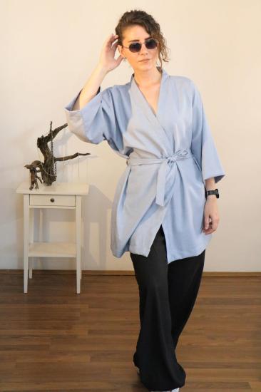 Lapiz Unisex Kısa Kimono, Keten-Kot Karışımı Kumaş, Mavi Renk