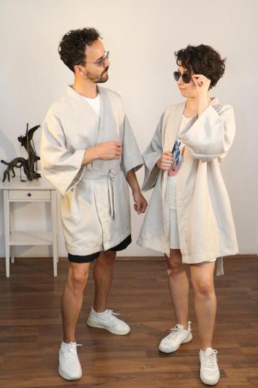 Lapiz Unisex Kısa Kimono, Keten-Kot Karışımı Kumaş, Açık Gri Renk