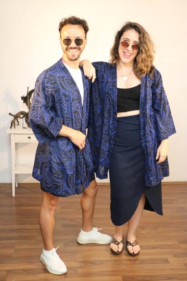 Lapiz Unisex Kısa Kimono, İncecik Pamuklu Kumaş, Lacivert-Siyah Desenli