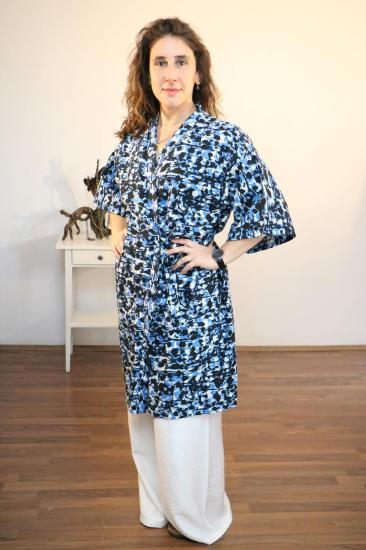 Lapiz Mavi-Lacivert Desenli Kumaş, Uzun Kimono Elbise