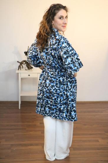 Lapiz Mavi-Lacivert Desenli Kumaş, Uzun Kimono Elbise