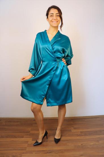 Lapiz Unisex Mavi Renk, Saten Kumaş, Uzun Kimono Elbise