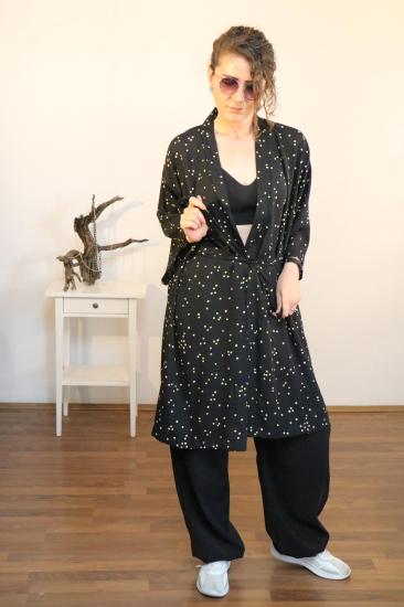 Lapiz Uzun Kimono Elbise, Siyah-Bej Desenli, Krep Kumaş