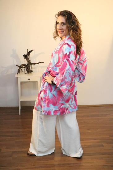 Lapiz Pembe-Mavi Renk, Standart Beden, Uzun Kimono Elbise